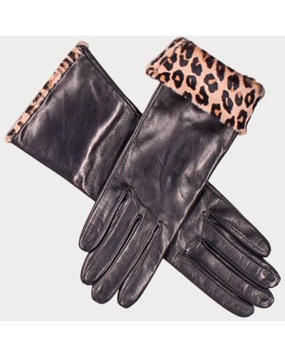 Black Ladies Italian Leather Gloves With Leopard Cuffs - Multicolour