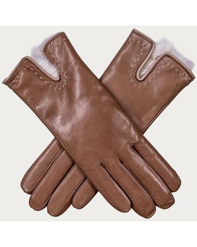 Black Camel And Cream Rabbit Fur Lined Leather Gloves - Brown