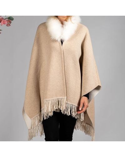 Black Almond And Ivory Cashmere Cape With Cashmere Fur Trim - Natural