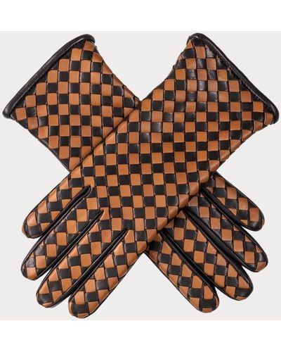 Black And Camel Woven Leather Gloves - Cashmere Lined - Brown