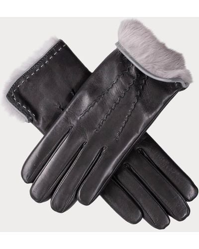 Black Pewter And Silver Gray Rabbit Fur Lined Leather Gloves - Black