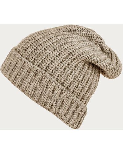 Black Ribbed Beige Cashmere Slouch Beanie Hat - Natural