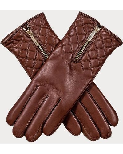 Black Hazelnut Quilted Leather Gloves With Zip - Cashmere Lined - Red