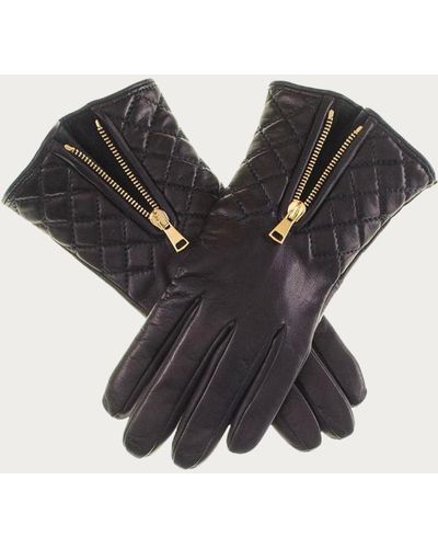 Black Leather Quilted Gloves With Cashmere Lining - Black