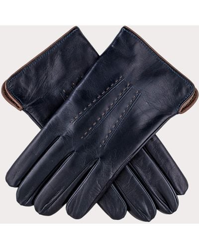 Black Men's Navy And Tan Cashmere Lined Leather Gloves - Blue