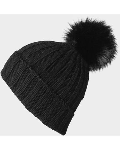 Black Cashmere Fur Pom Pom Hat - Black