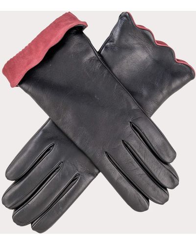 Black Ladies' Scalloped Cuff Cashmere Lined Leather Gloves - Gray