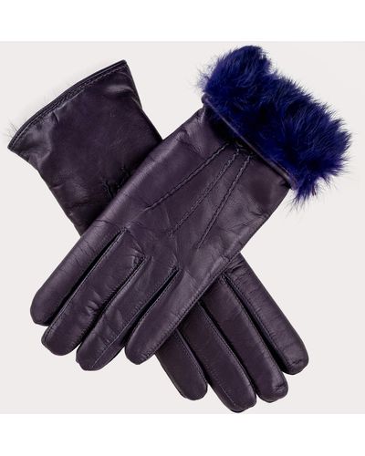 Black Ladies Purple Rabbit Fur Lined Leather Gloves - Blue