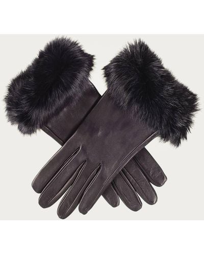Black Ladies' Leather Gloves With Rabbit Fur Cuff - Black