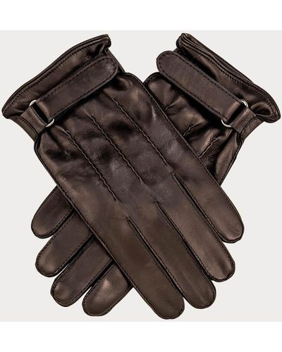 Black Men's Cashmere Lined Leather Gloves With Strap - Black