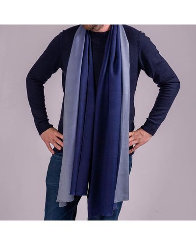 Black Classic Navy To Grey Fine Wool And Silk Scarf - Blue