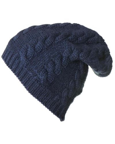 Black Navy Cable Knit Cashmere Slouch Beanie - Blue