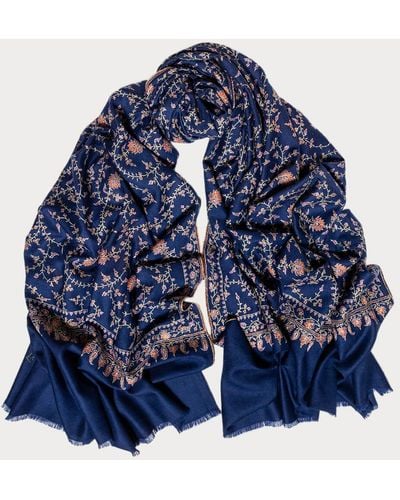 Black Hand Embroidered Pashmina Cashmere Shawl - Navy Floral - Blue