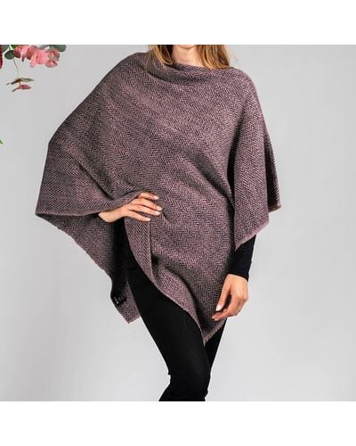 Black Hand Woven Burgundy & Natural Chunky Cashmere Poncho - Brown