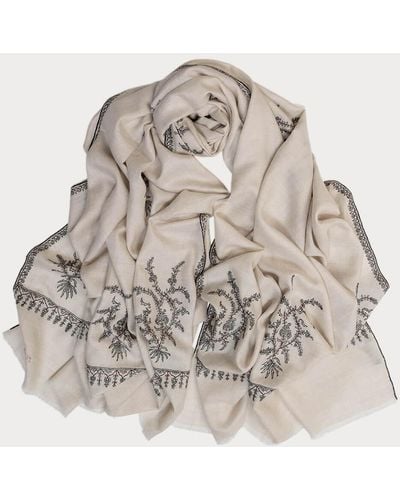 Black Hand Embroidered Pashmina Cashmere Shawl - Ivory Floral - Brown