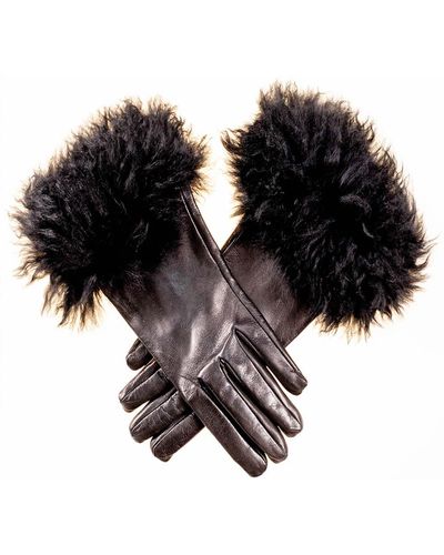 Black Leather Gloves With Cashmere Fur Cuff - Black