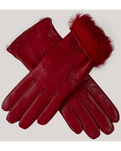 Black Ladies' Brick Red Rabbit Fur Lined Leather Gloves