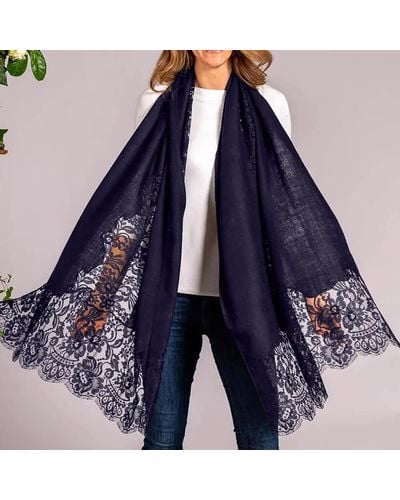 Black Navy Cashmere And Chantilly Lace Shawl - Blue