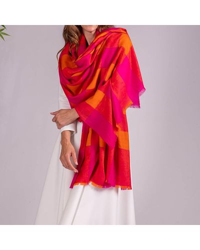 Black Hot Pink And Orange Hand Woven Check Cashmere Ring Shawl - Red