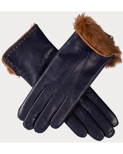 Black Navy And Caramel Rabbit Fur Lined Leather Gloves - Blue
