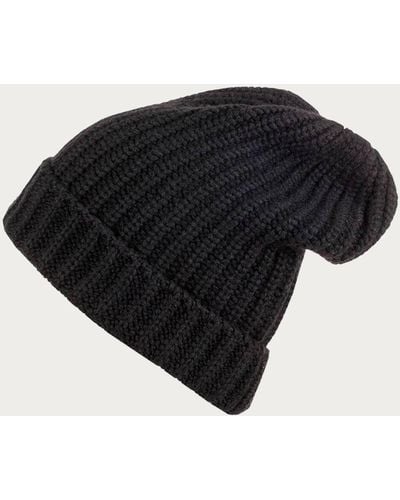 Black Ribbed Cashmere Slouch Beanie Hat - Black