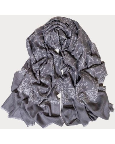 Black Reserved: Hand Embroidered Pashmina Cashmere Shawl - Soft Grey & White