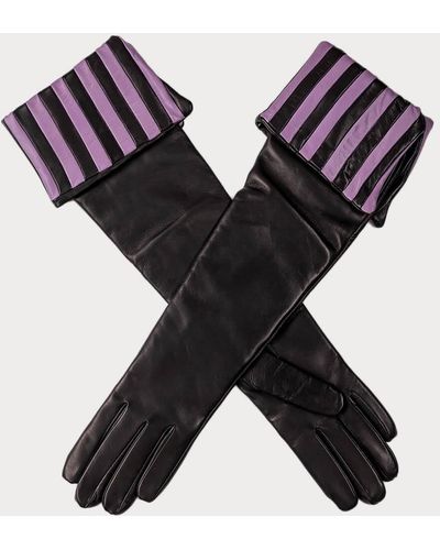Black Long Opera Gloves With Striped Cuff - Cashmere Lined - Black
