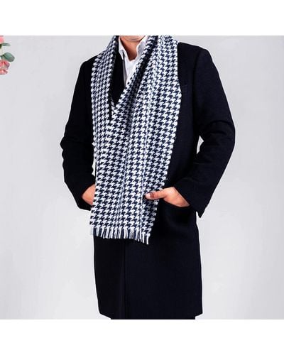 Black Deluxe Navy And Ivory Houndstooth Cashmere Scarf - Blue