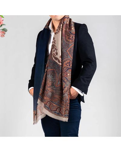 Black Treviso Navy And Russet Italian Wool Scarf - Blue