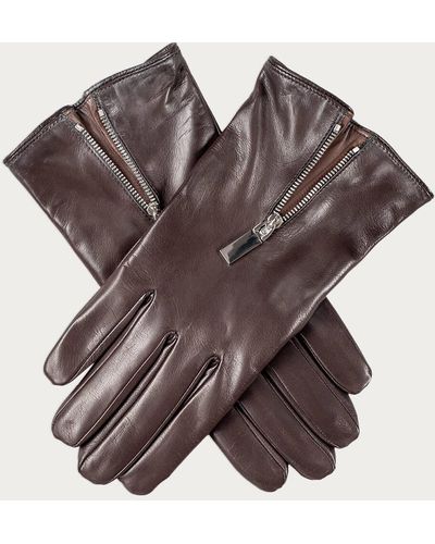 Black Dark Brown And Hazelnut Leather Gloves With Zip Detail - Cashmere Lined