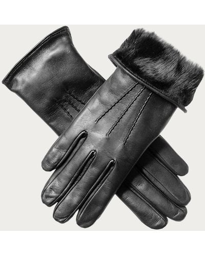 Black Ladies' Rabbit Fur Lined Leather Gloves - Black