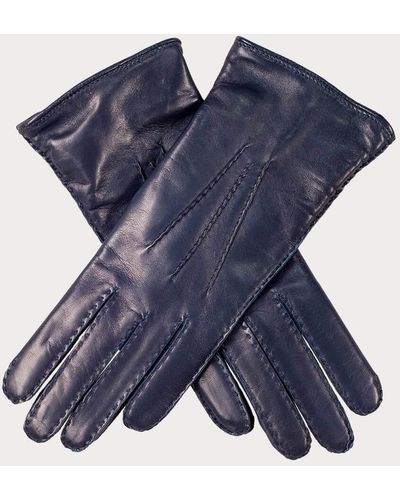 Black Ladies Navy Hand Stitched Cashmere Lined Leather Gloves - Blue