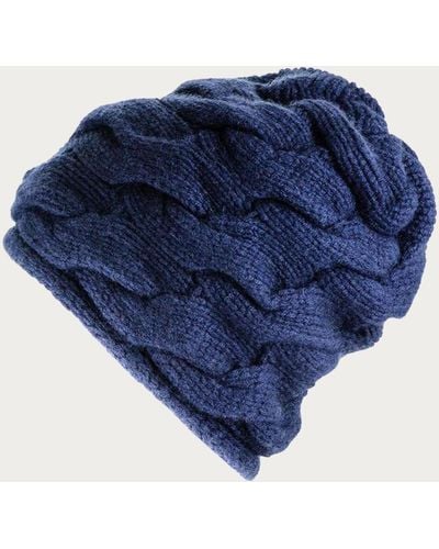 Black Chunky Cable Knit Navy Cashmere Beanie - Blue