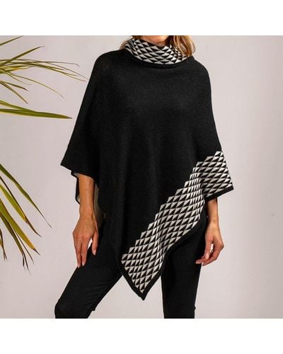 Black And Ivory Double Layer Cashmere Poncho - Black