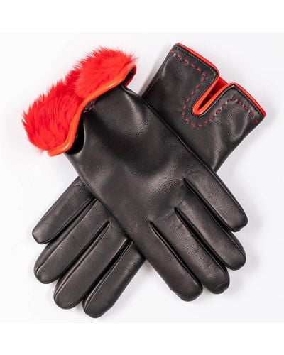 Black And Red Rabbit Fur Lined Leather Gloves - Black