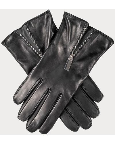 Black Leather Gloves With Zip Detail - Cashmere Lined - Black
