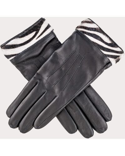 Black Ladies Zebra Cuff Cashmere Lined Leather Gloves - Black