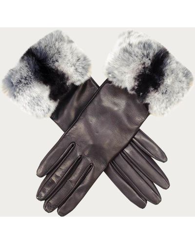 Black Ladies Leather Gloves With Chinchilla Style Rabbit Fur Cuff - Black