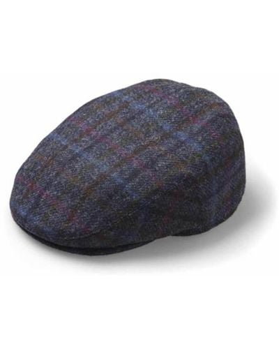 Black Multi Toned Check Tweed Wool Flat Cap - Blue