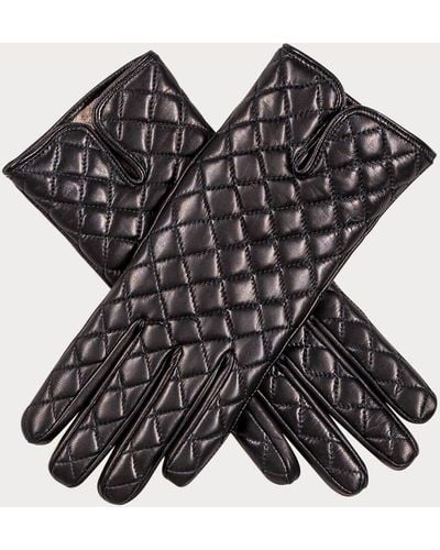 Black Quilted Cashmere Lined Leather Gloves - Black