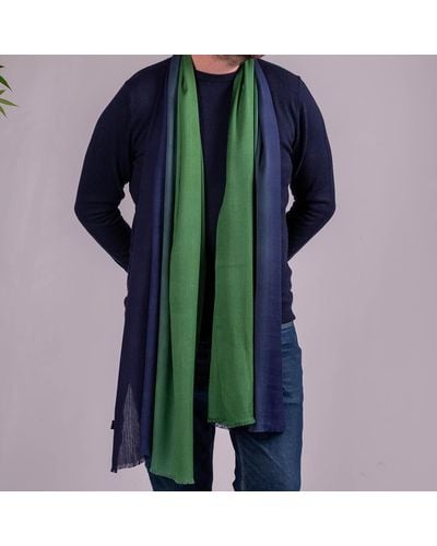 Black Classic Navy To Green Fine Wool And Silk Scarf