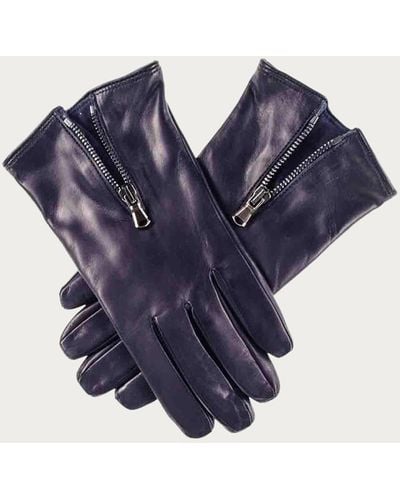 Black Navy Blue Leather Gloves With Zip Detail - Cashmere Lined