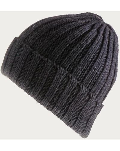Black Chunky Rib Knit Cashmere Beanie - Black