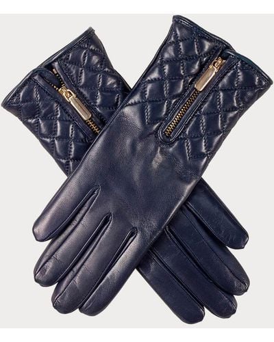 Black Navy Leather Quilted Gloves With Cashmere Lining - Blue