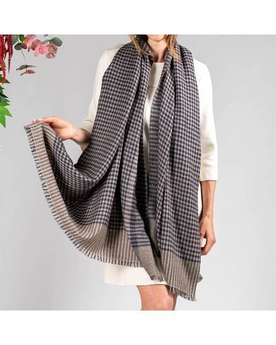 Black Navy And Biscuit Houndstooth Cashmere Shawl - Multicolour