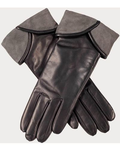Black Ladies Leather And Grey Suede Italian Gloves - Cashmere Lined