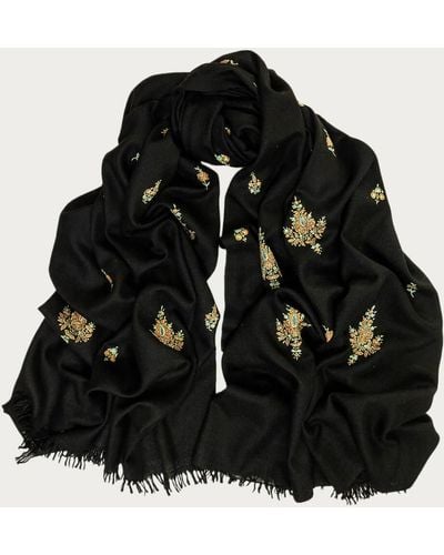 Black Hand Embroidered Pashmina Cashmere Shawl - Floral Paisley - Black