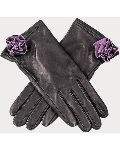 Black Ladies Leather Flower Gloves - Silk Lined - Black
