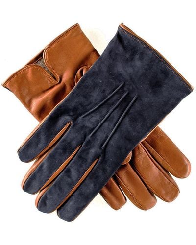 Black Men's Navy Suede And Tan Leather Gloves-cashmere Lined - Blue