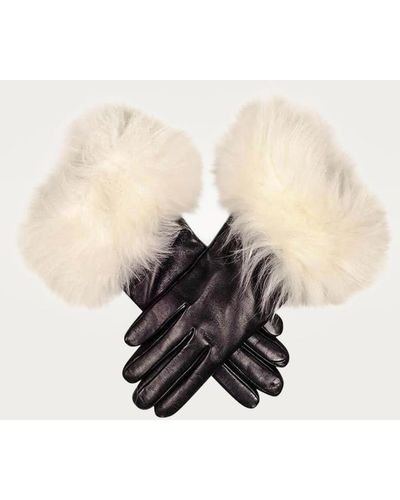 Black Leather Gloves With White Cashmere Fur Cuff - Multicolor